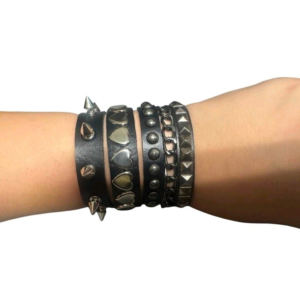 3Pc Black Faux Leather Studded Spiked Heart Chain Punk Bracelet Set Unisex